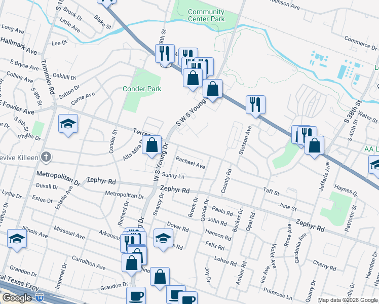 map of restaurants, bars, coffee shops, grocery stores, and more near 2312 Terrace Drive in Killeen