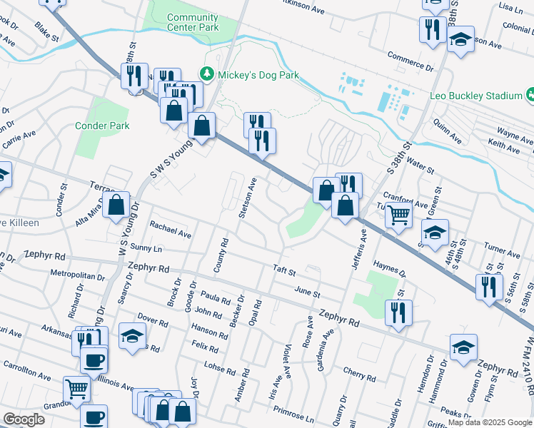map of restaurants, bars, coffee shops, grocery stores, and more near 2721 Lewis Drive in Killeen
