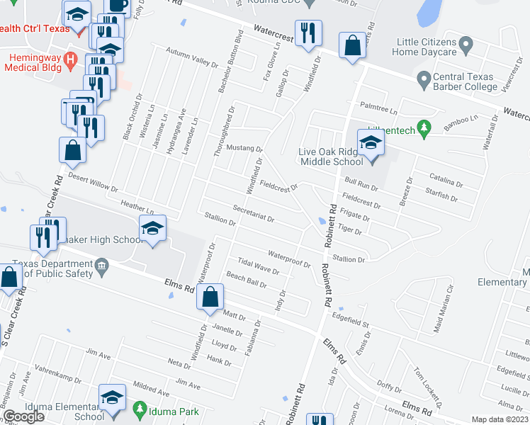 map of restaurants, bars, coffee shops, grocery stores, and more near 4401 Secretariat Drive in Killeen