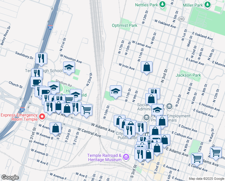 map of restaurants, bars, coffee shops, grocery stores, and more near 803 West French Avenue in Temple
