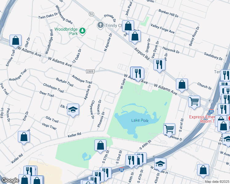 map of restaurants, bars, coffee shops, grocery stores, and more near 908 East Avenue B in Temple
