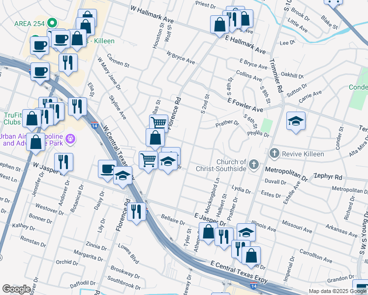 map of restaurants, bars, coffee shops, grocery stores, and more near 1609 Van Zanten Drive in Killeen