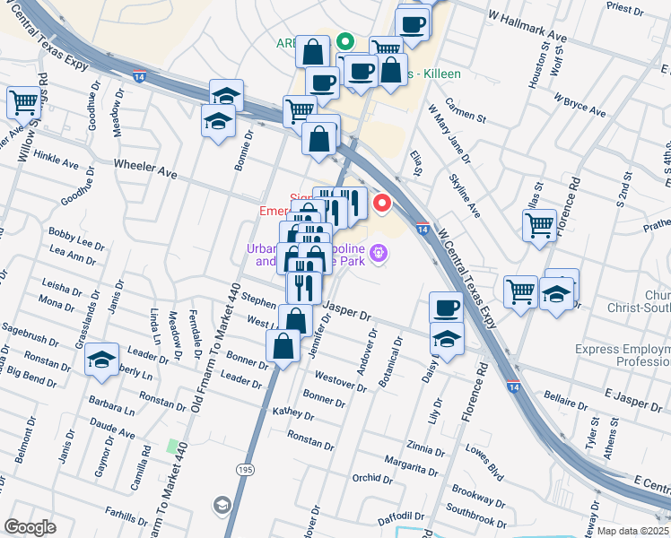 map of restaurants, bars, coffee shops, grocery stores, and more near 1404 South Fort Hood Street in Killeen