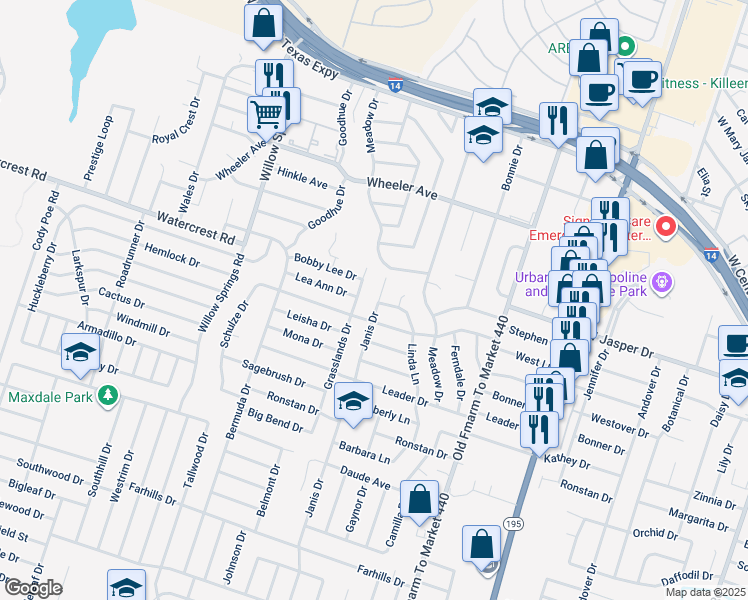 map of restaurants, bars, coffee shops, grocery stores, and more near 1401 Linda Lane in Killeen