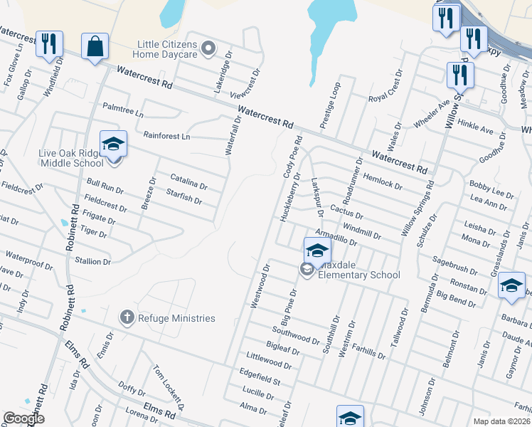 map of restaurants, bars, coffee shops, grocery stores, and more near 2605 Cody Poe Road in Killeen