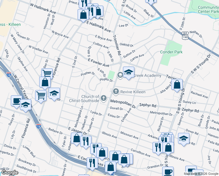 map of restaurants, bars, coffee shops, grocery stores, and more near 1301 Trimmier Road in Killeen