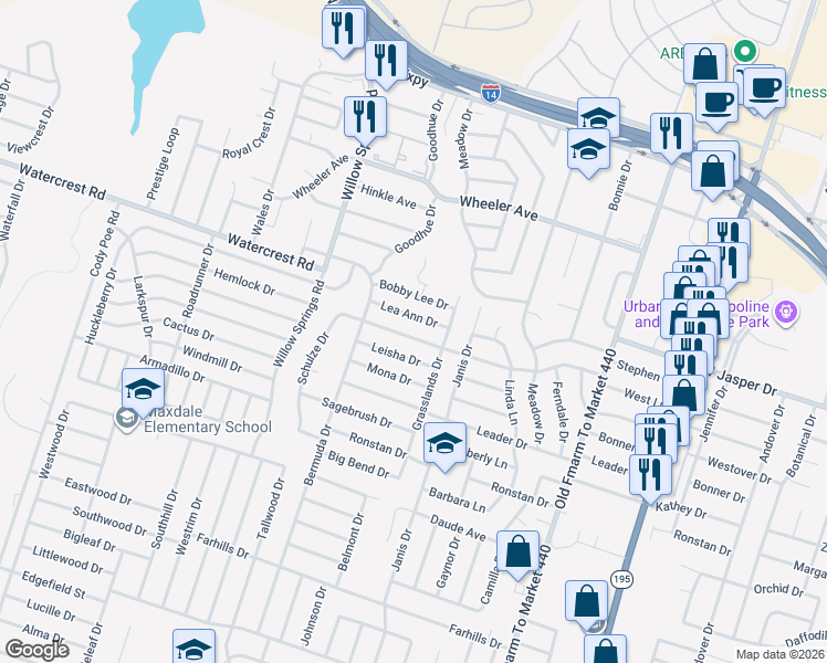 map of restaurants, bars, coffee shops, grocery stores, and more near 1704 West Lane in Killeen