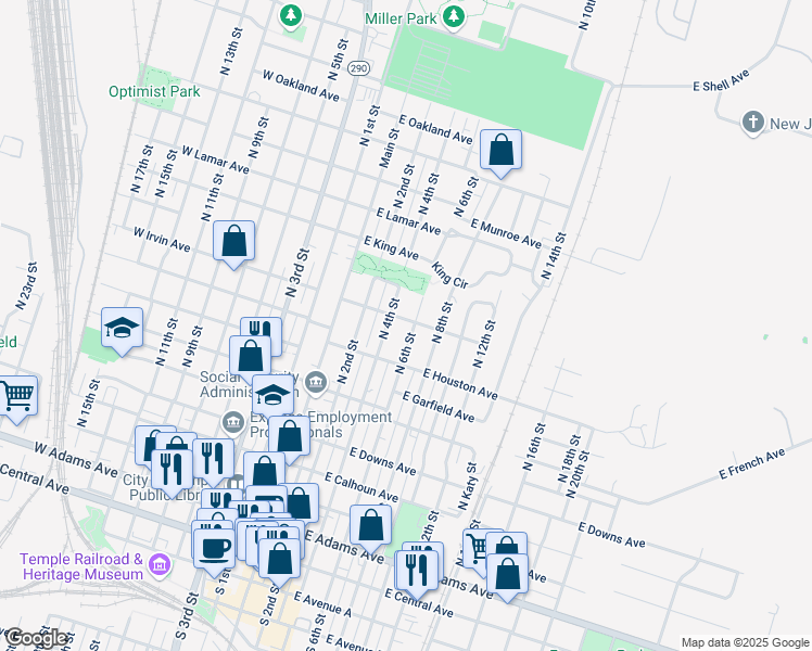 map of restaurants, bars, coffee shops, grocery stores, and more near 813 North 6th Street in Temple