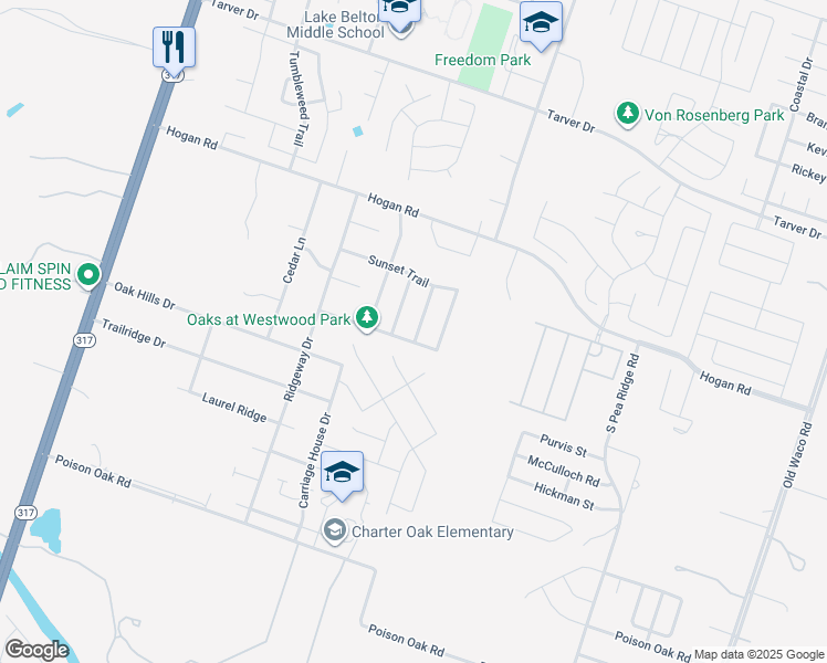 map of restaurants, bars, coffee shops, grocery stores, and more near 1722 Oak Chase Trail in Temple