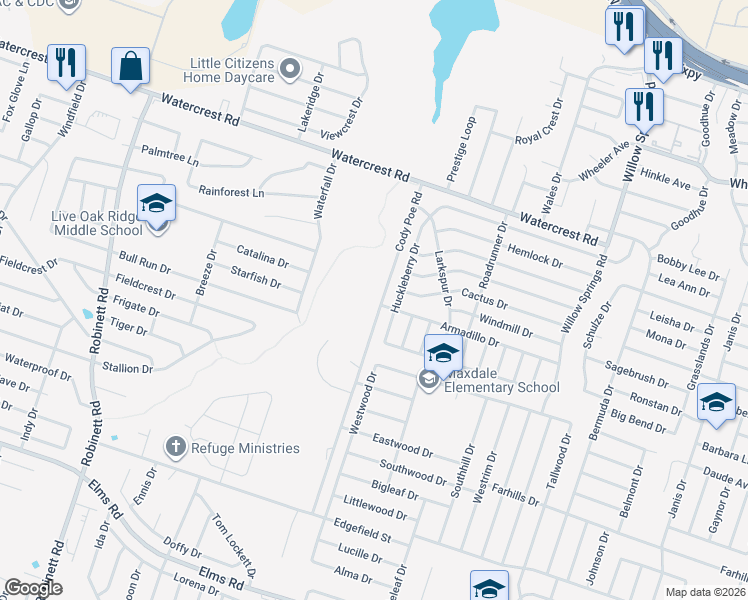 map of restaurants, bars, coffee shops, grocery stores, and more near 2605 Cody Poe Road in Killeen
