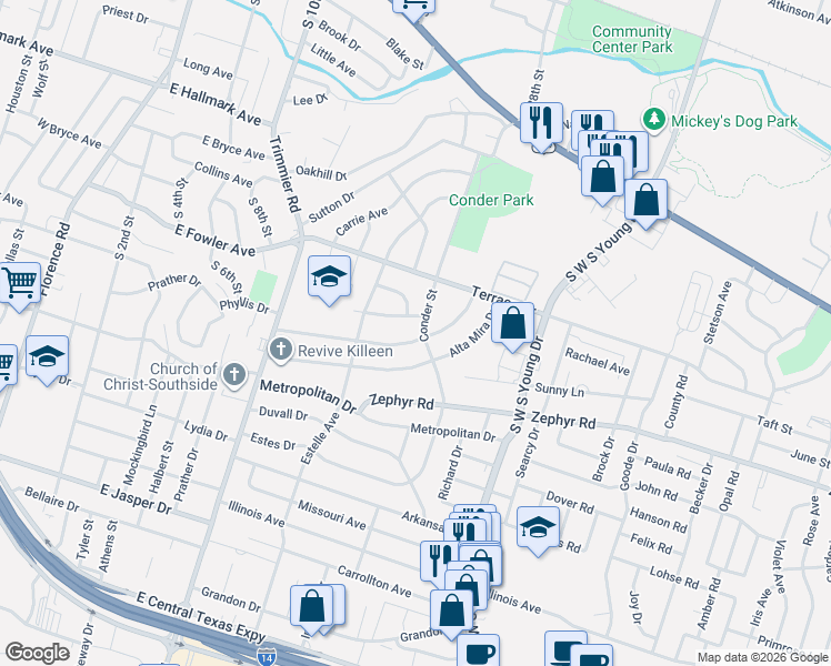 map of restaurants, bars, coffee shops, grocery stores, and more near 1408 Redondo Drive in Killeen