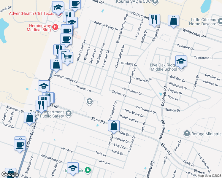 map of restaurants, bars, coffee shops, grocery stores, and more near 4610 Stallion Drive in Killeen