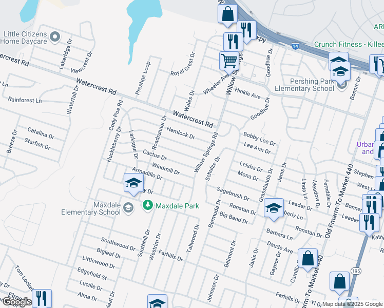 map of restaurants, bars, coffee shops, grocery stores, and more near 2301 Bluebonnet Drive in Killeen