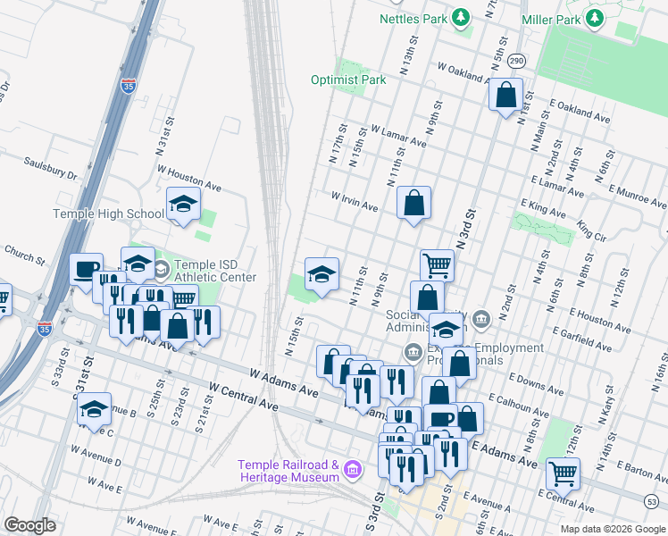 map of restaurants, bars, coffee shops, grocery stores, and more near 603 North 13th Street in Temple
