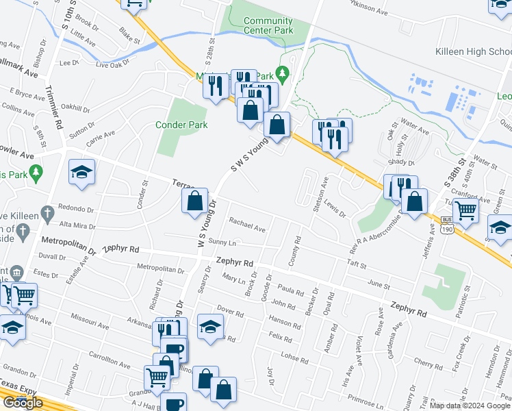 map of restaurants, bars, coffee shops, grocery stores, and more near 2312 Terrace Drive in Killeen