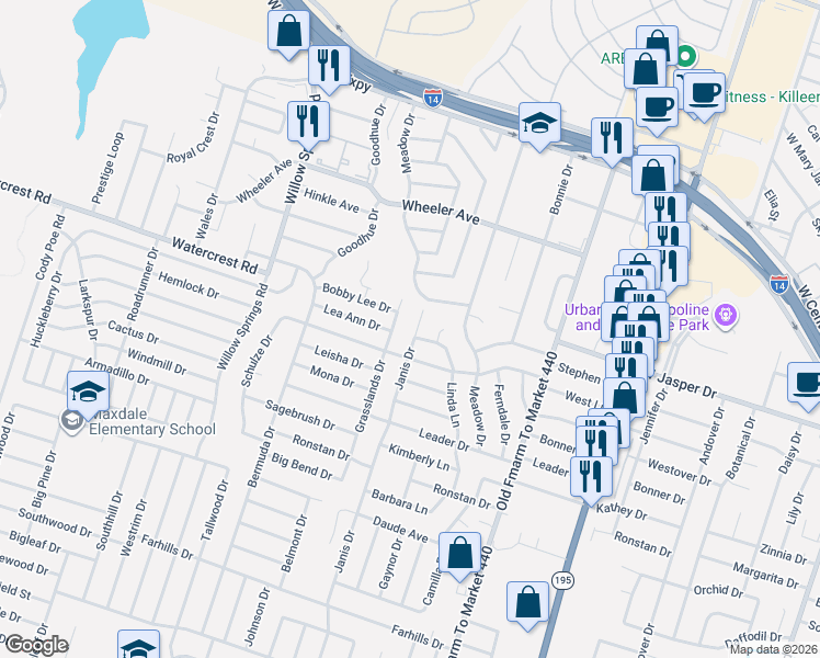 map of restaurants, bars, coffee shops, grocery stores, and more near 1401 Linda Lane in Killeen