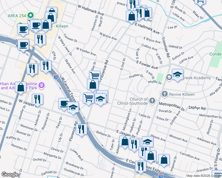 map of restaurants, bars, coffee shops, grocery stores, and more near 1408 Van Zanten Drive in Killeen