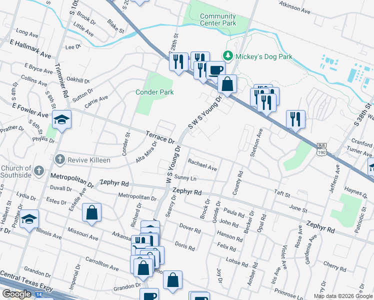 map of restaurants, bars, coffee shops, grocery stores, and more near 1006 Searcy Drive in Killeen