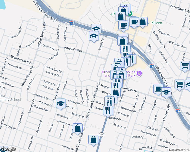 map of restaurants, bars, coffee shops, grocery stores, and more near 1405 Stephen Street in Killeen