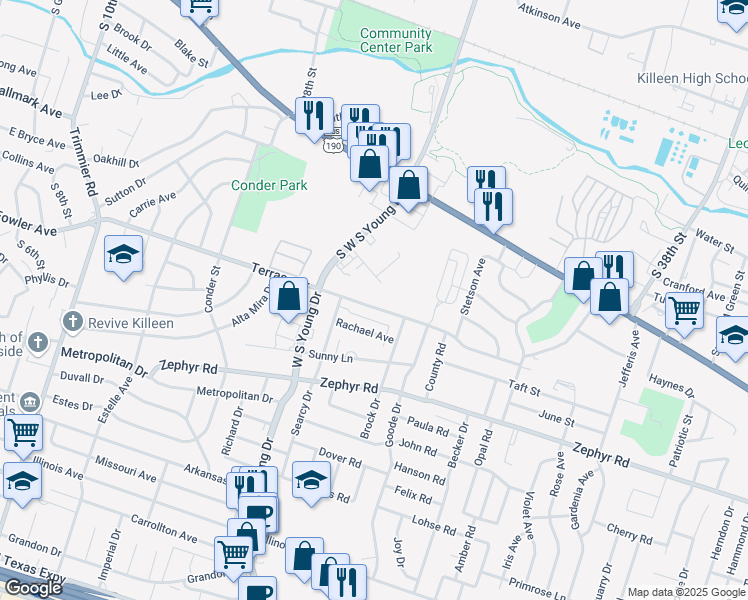 map of restaurants, bars, coffee shops, grocery stores, and more near 2312 Terrace Drive in Killeen