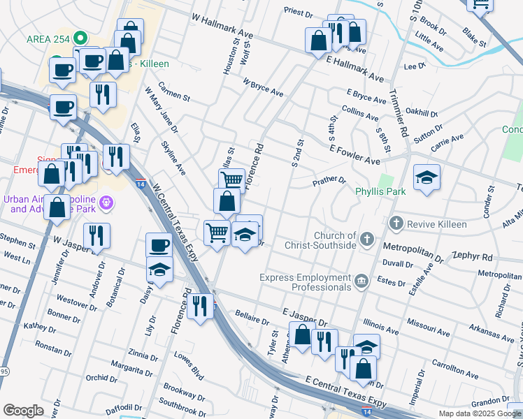 map of restaurants, bars, coffee shops, grocery stores, and more near 1609 Van Zanten Drive in Killeen
