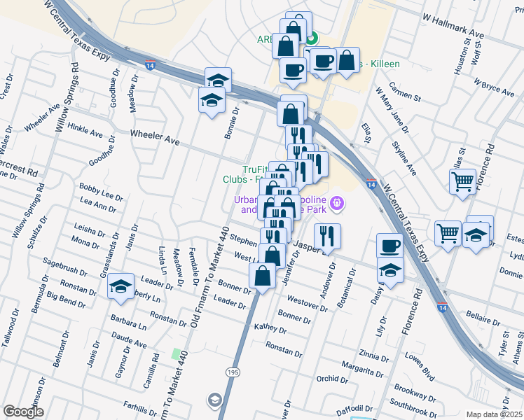 map of restaurants, bars, coffee shops, grocery stores, and more near 1502 Golden Eagle Court in Killeen
