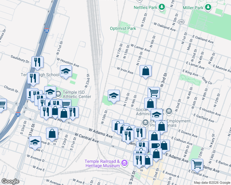 map of restaurants, bars, coffee shops, grocery stores, and more near 803 West French Avenue in Temple