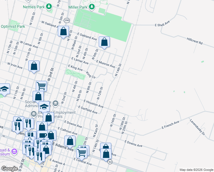 map of restaurants, bars, coffee shops, grocery stores, and more near 907 North 12th Street in Temple