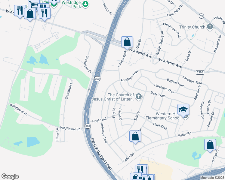 map of restaurants, bars, coffee shops, grocery stores, and more near 4205 Fox Trail in Temple