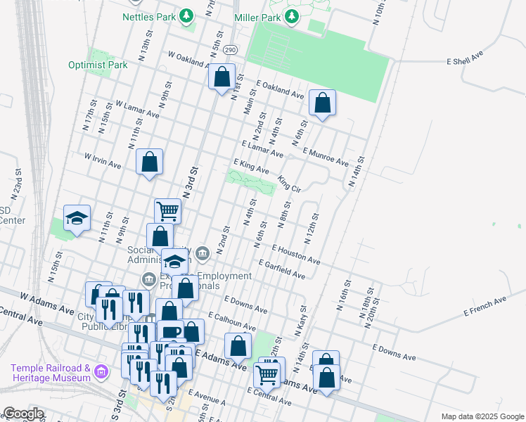 map of restaurants, bars, coffee shops, grocery stores, and more near 813 North 6th Street in Temple