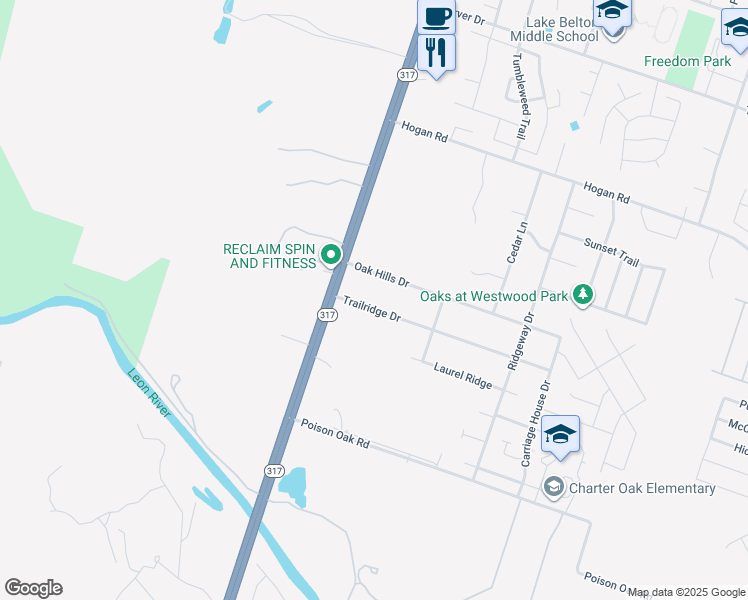 map of restaurants, bars, coffee shops, grocery stores, and more near 9219 Trailridge Drive in Temple