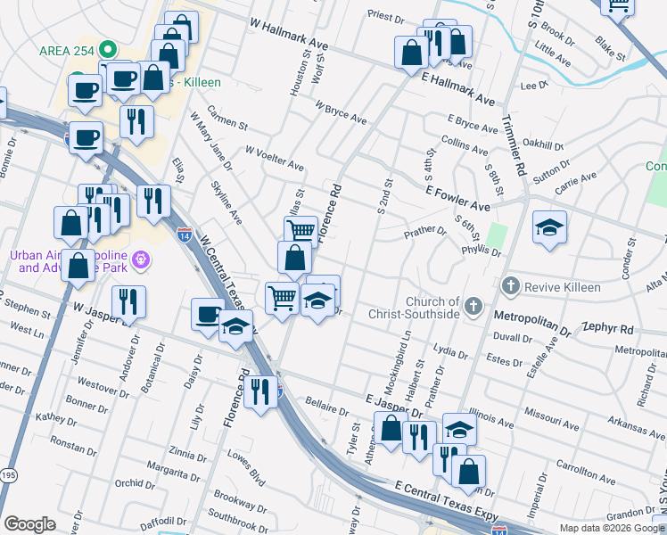 map of restaurants, bars, coffee shops, grocery stores, and more near 1609 Van Zanten Drive in Killeen