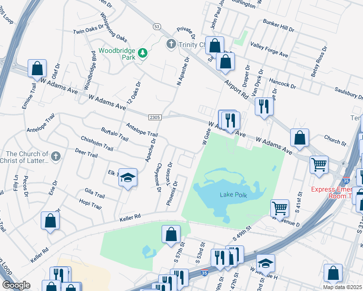 map of restaurants, bars, coffee shops, grocery stores, and more near 908 East Avenue B in Temple