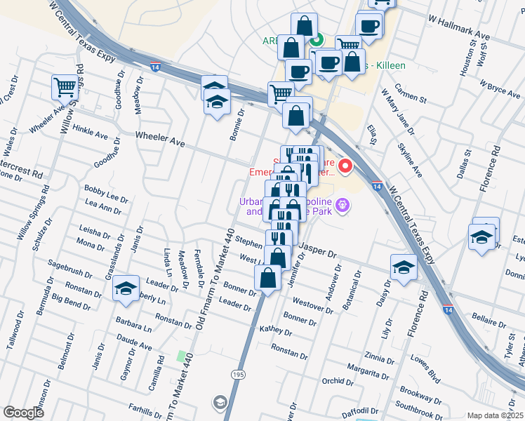 map of restaurants, bars, coffee shops, grocery stores, and more near 1502 Golden Eagle Court in Killeen