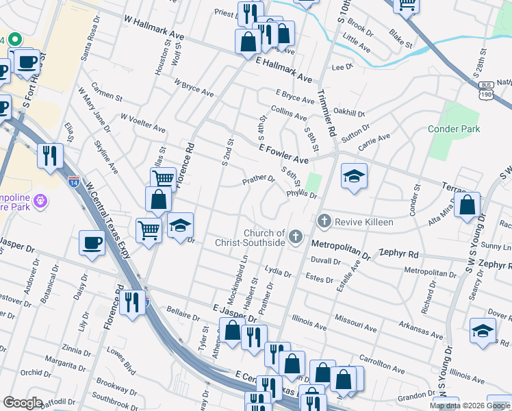 map of restaurants, bars, coffee shops, grocery stores, and more near 211 Currie Avenue in Killeen