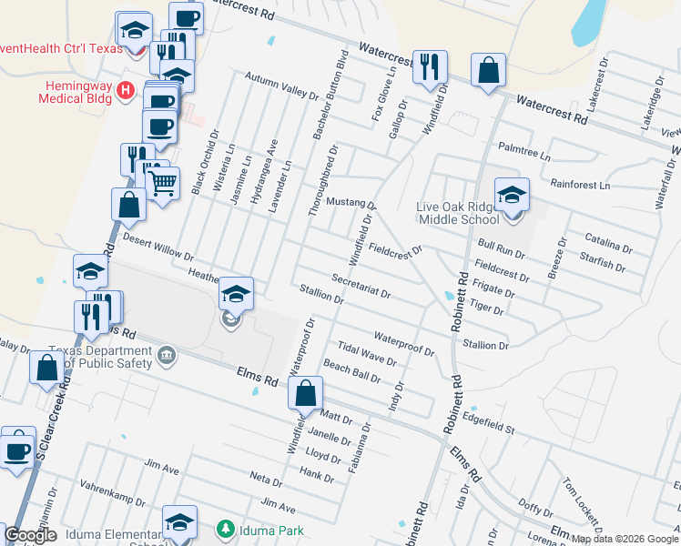 map of restaurants, bars, coffee shops, grocery stores, and more near 4501 Windcrest Drive in Killeen