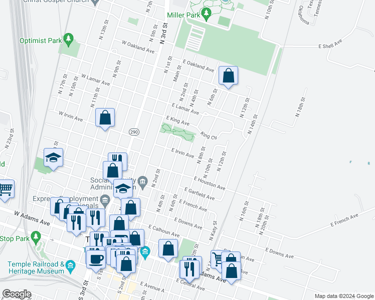 map of restaurants, bars, coffee shops, grocery stores, and more near 902 North 6th Street in Temple