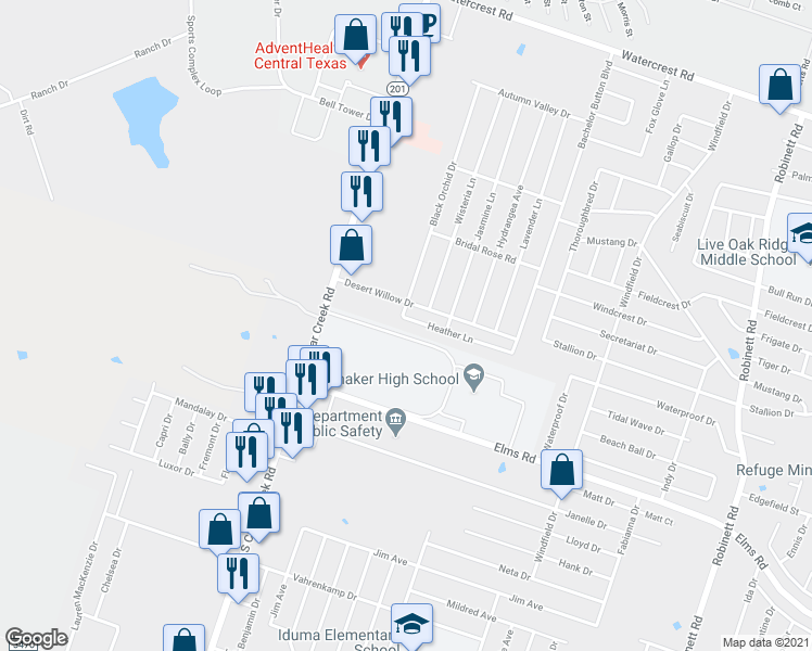 map of restaurants, bars, coffee shops, grocery stores, and more near 5106 Heather Lane in Killeen