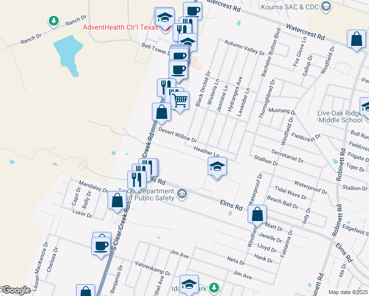 map of restaurants, bars, coffee shops, grocery stores, and more near 5100 Heather Lane in Killeen