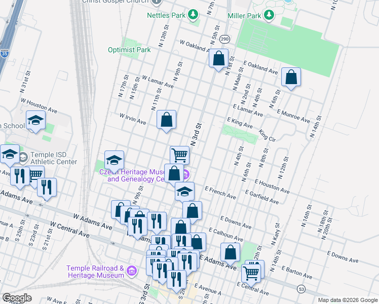 map of restaurants, bars, coffee shops, grocery stores, and more near 809 North 5th Street in Temple