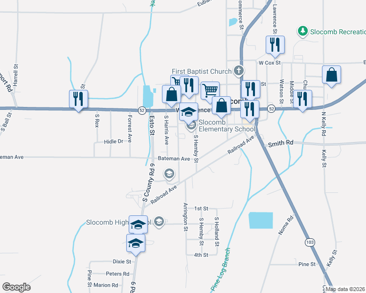 map of restaurants, bars, coffee shops, grocery stores, and more near 210 S College St in Slocomb