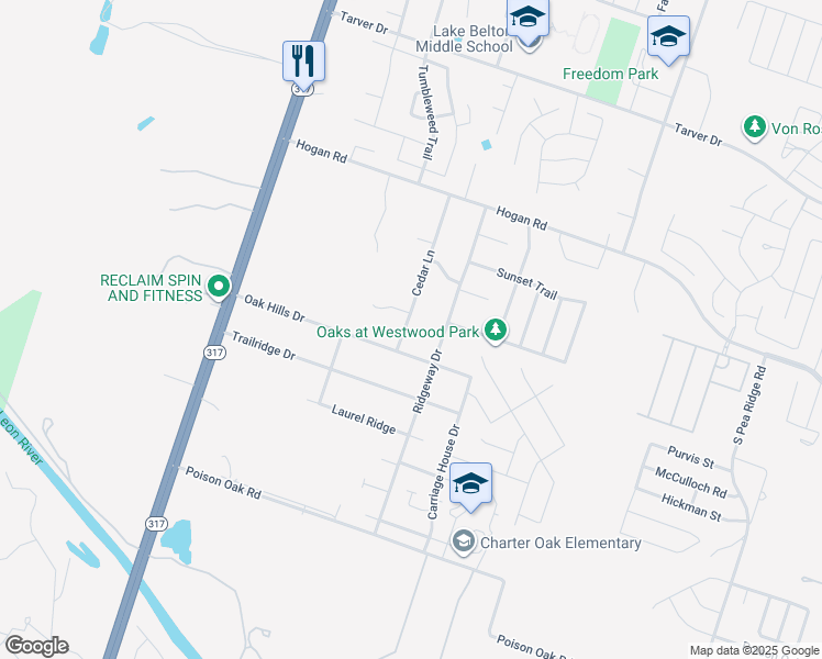 map of restaurants, bars, coffee shops, grocery stores, and more near 1720 Cedar Lane in Temple