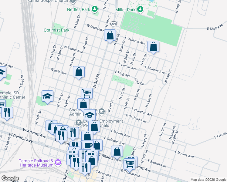 map of restaurants, bars, coffee shops, grocery stores, and more near 904 Main Street in Temple