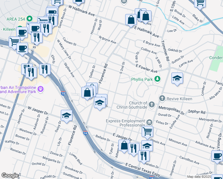 map of restaurants, bars, coffee shops, grocery stores, and more near 1403 South 2nd Street in Killeen