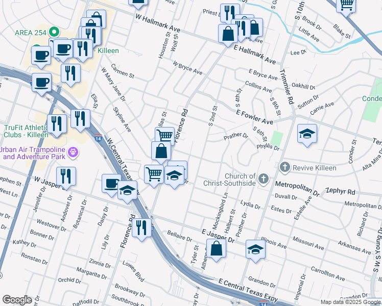 map of restaurants, bars, coffee shops, grocery stores, and more near 203 West Mary Jane Drive in Killeen