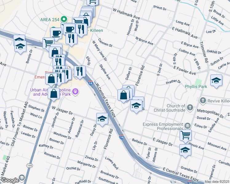map of restaurants, bars, coffee shops, grocery stores, and more near 404 West Mary Jane Drive in Killeen
