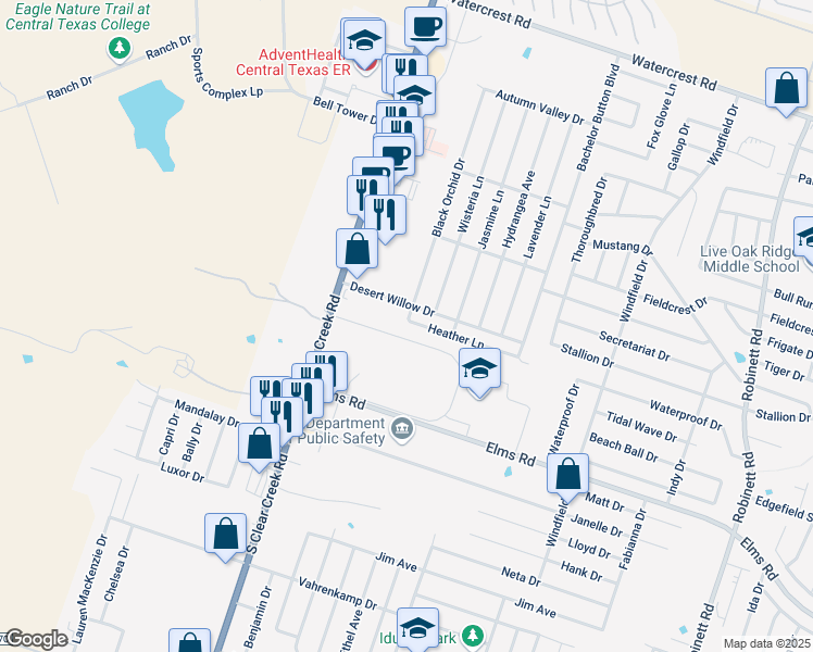 map of restaurants, bars, coffee shops, grocery stores, and more near 5106 Heather Lane in Killeen