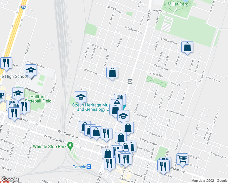 map of restaurants, bars, coffee shops, grocery stores, and more near 713 North 7th Street in Temple