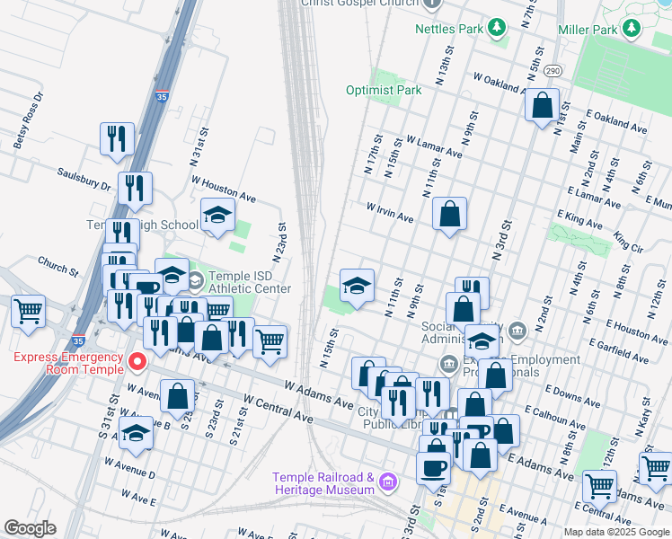 map of restaurants, bars, coffee shops, grocery stores, and more near 902 West French Avenue in Temple
