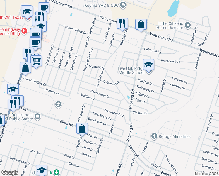 map of restaurants, bars, coffee shops, grocery stores, and more near 4400 Fieldcrest Drive in Killeen